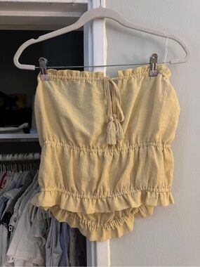 Strapless Yellow Ruffle Tube Top with Tassels